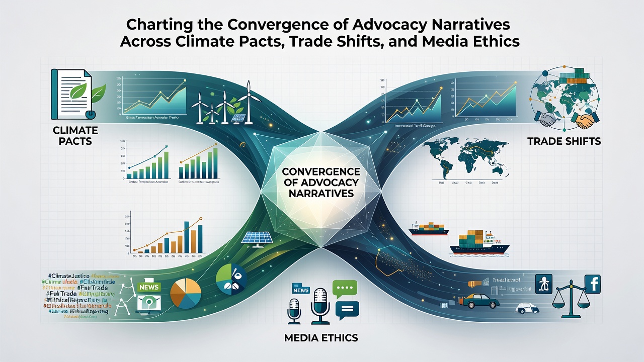 Infographic showing advocacy message flows between climate policy trade data and ethical journalism guidelines